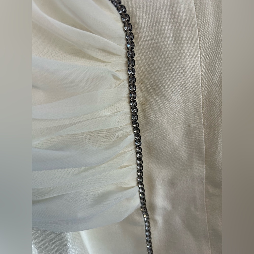 Vintage Elegant Cream Blouse with Rhinestone Trim and Shoulder Pads - Picture 3 of 8
